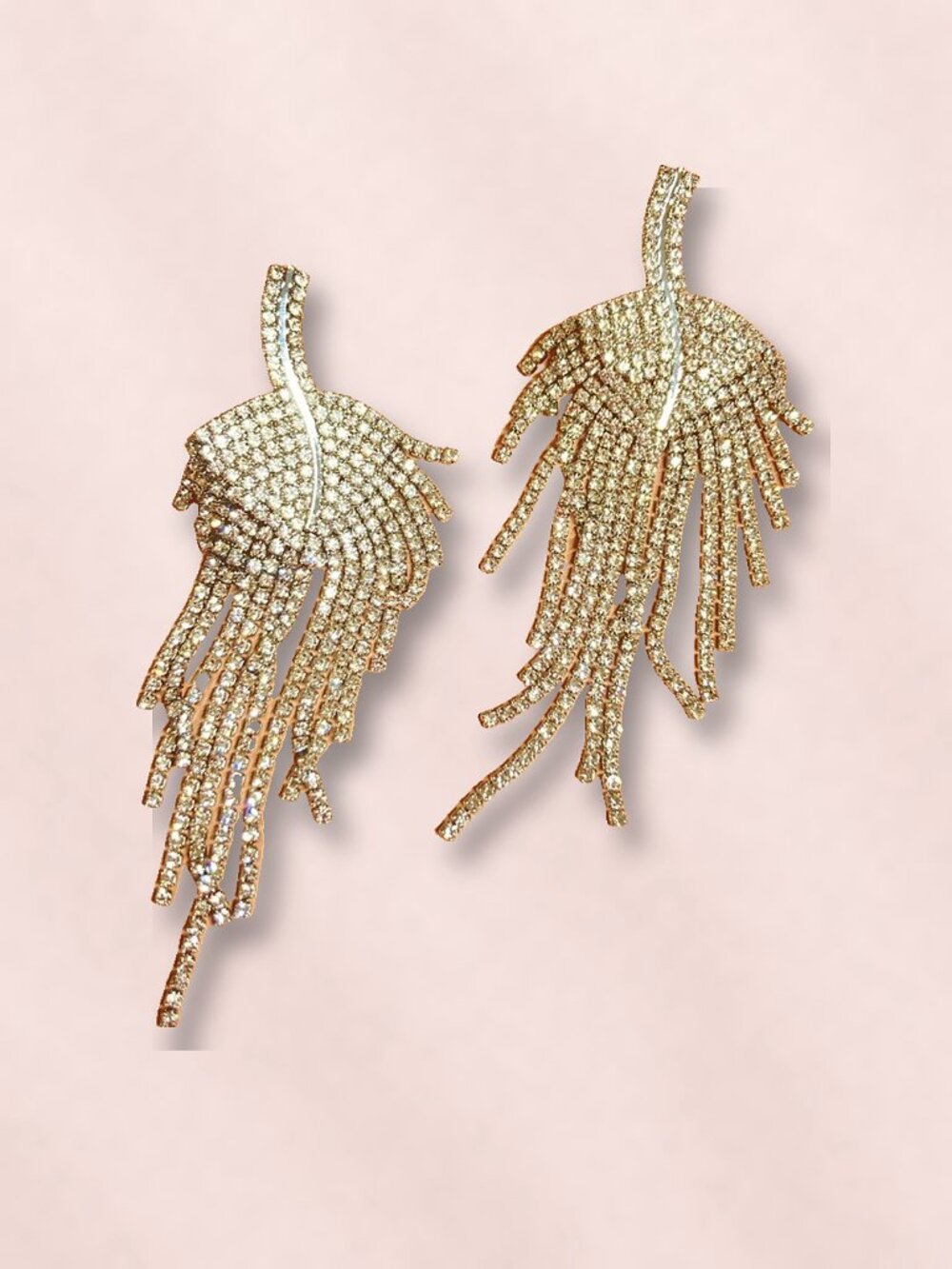 Rhinestone Leaf Fringe Drop Earrings, Platinum Plated Crystal Tassel NWT - Picture 1 of 5
